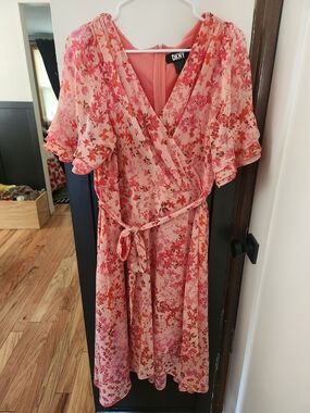 DKNY Coral and Pink Floral Wrap Midi Dress